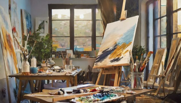 interior of a studio.A creative home workspace, an artist's studio with a canvas on an easel, scattered paints
