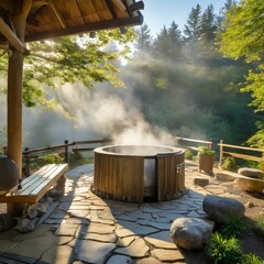  A photographic style of an outdoor steam room, surrounded by nature, open to the sky