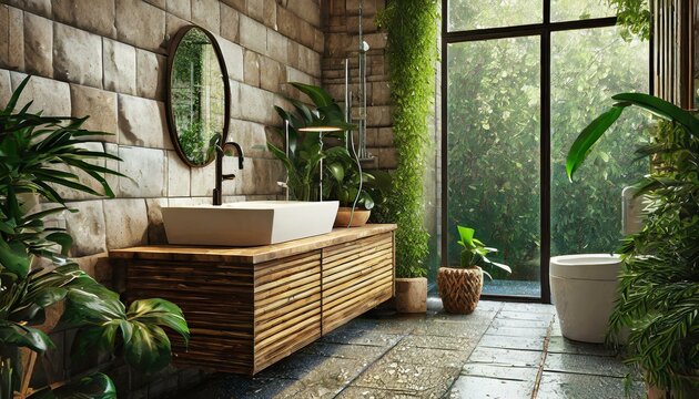 A serene photograph of an eco-friendly washroom featuring sustainable and natural design elements. The washroom is bright and airy, with large windows that offer a stunning garden view.