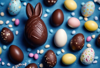 Fototapeta na wymiar Fragrant and delicious chocolate Easter eggs bunny and sweets on a dark blue background flat lay and