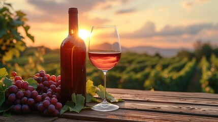 Fototapeta premium Glass Of Wine With Grapes And Barrel On A Sunny Background. Italy Tuscany Region