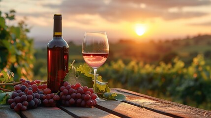 Glass Of Wine With Grapes And Barrel On A Sunny Background. Italy Tuscany Region