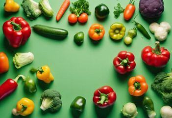 Layout of vegetables on a green background with space for text and design
