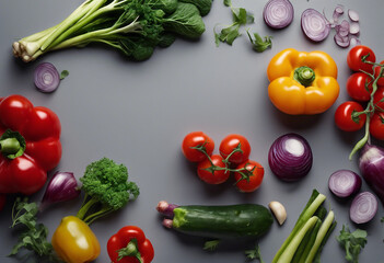 Fototapeta na wymiar Layout of vegetables on a grey background with space for text and design