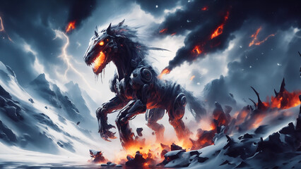robotic monster roars in snow mountains, sci-fi wall art design, background is fire, explosion, lava and smoke, wallpaper illustration