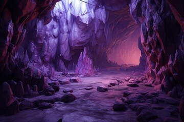 Mysterious Purple cave rock curve. Cavern interior. Generate Ai