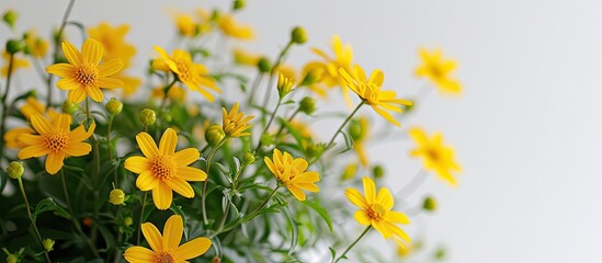 A potted plant showcasing Goldmarie or Bidens ferulifolia, commonly known as Bidens Goldilocks, with a bunch of vibrant yellow flowers arranged in a vase against a clean white backdrop.