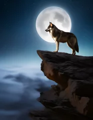 Deurstickers wolf at the top of mountain, under the full moon, wall art and wallpaper background © YOAQ