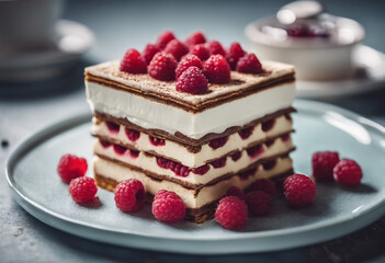 Tiramisu with raspberries sweet dessert FoodTok fashion and trend Italian treat With technology