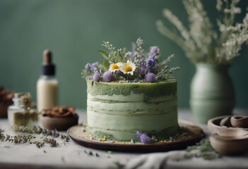 Wildflower cake in sage green and apothecary aesthetics With technology