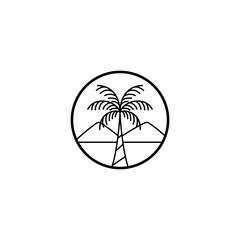 palm tree line art vector logo design with mountains background oval frame