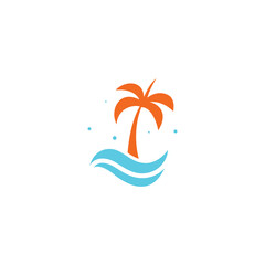 Fototapeta na wymiar palm tree flat vector logo design with waves elements