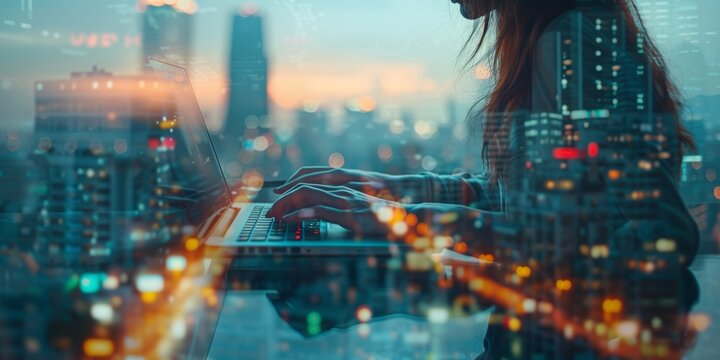 Creative double exposure of a businesswoman working on a laptop with a bustling cityscape, symbolizing urban business dynamics.