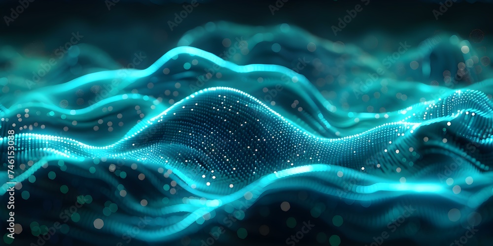 Poster dynamic blue-green gradient seamless background with abstract technology wave lines on black backgro