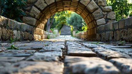 Stone blocks arranged in an elegant arch forming an imposing and harmonious ancient structure. Stone arch in architectural masterpiece and historic charm. - obrazy, fototapety, plakaty