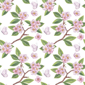 Pink flower apple, plum apricot almond seamless pattern. Postcard template. Greenery foliage clipart. Hand drawn watercolor illustration background. Botanical design for printing on fabric