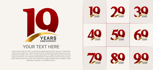 Set of Anniversary Logotype with gold swoosh, red color can be use for special day celebration