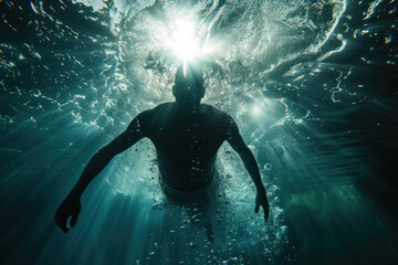 Underwater Serenity - Human Silhouette Swimming Towards Sunlight - obrazy, fototapety, plakaty
