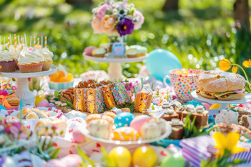 Fototapeta na wymiar Vibrant Outdoor Easter Picnic Spread with Cakes, Cupcakes, and Decorated Eggs Amidst Spring Flowers