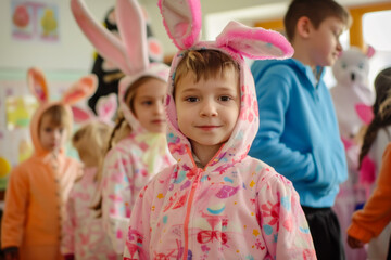  Smiling Child in Bunny Ears Participating in School Easter Festivities with Classmates