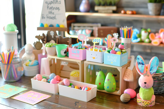 Colorful Easter Craft Station with Decorations and Supplies for Creative Family Activities