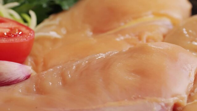 Raw chicken meat on plate close-up. Preparing raw food for cooking. Grilled chicken, duck, turkey kebab with vegetables.