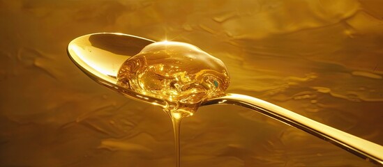 A spoon filled with golden honey is shown pouring out a steady stream of liquid. The honey appears glistening and viscous as it flows from the spoon.