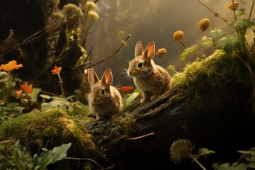 Tranquil Rabbit forest nature outdoor. Cute wild mammal small fauna. Generate Ai