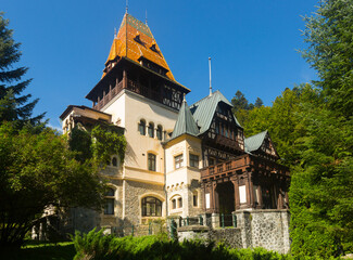 View of Pelisor Castle in Carpathian Mountains, near Sinaia, Romania