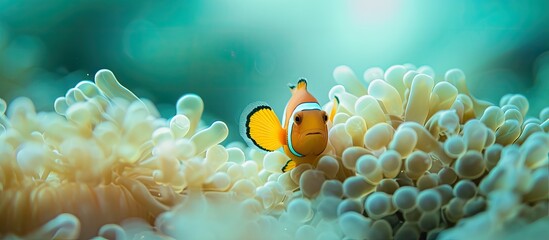 A small clownfish finds shelter within a sea anemone in the turquoise waters of the Pacific Ocean. - obrazy, fototapety, plakaty