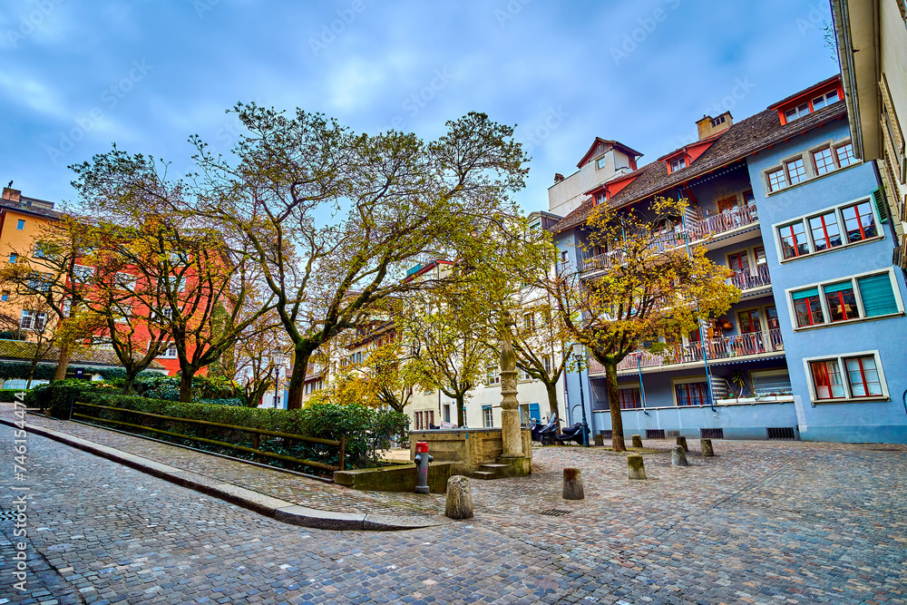 Canvas Prints Spiegelgasse street with small garden and medieval residential houses, Zurich, Switzerland