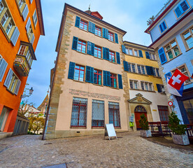 Historic Brunnenturm houses on Spiegelgasse platz, Zurich, Switzerland