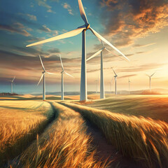 Wind turbines produces electric energy on a field.