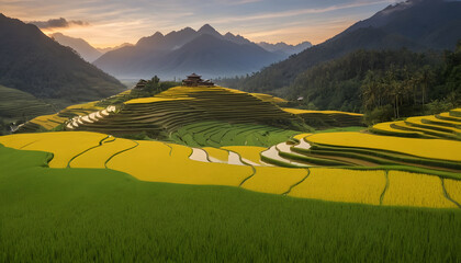 Golden sunrise illuminating terraced rice fields surrounded by green mountains and a distant pagoda