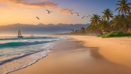 A serene sunset casting a warm glow on a tropical beach with palm trees, birds, and sailboats in...