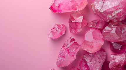 background for a banner for a jewelry store, rose quartz on a pink background close-up