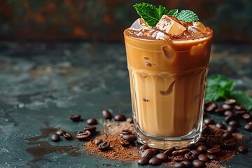 Ice coffee with cream in a tall glass and coffee beans, portafilter, tamper and milk jug