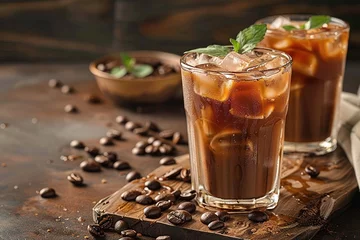 Selbstklebende Fototapeten Ice coffee with cream in a tall glass and coffee beans, portafilter, tamper and milk jug © Vasiliy
