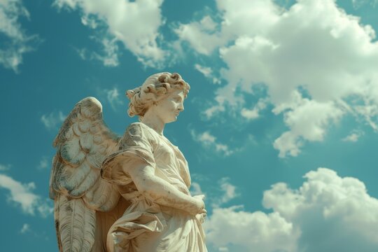 Angel statue with wings, cloudy sky