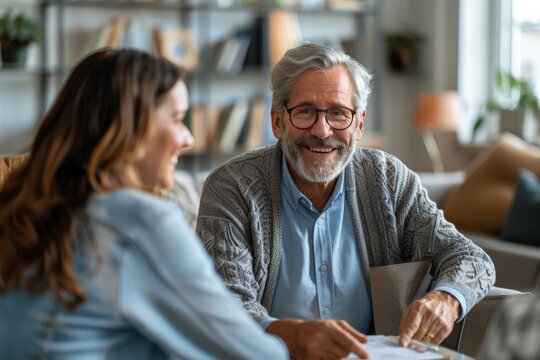 Elderly pair happily engaging with insurance provider in photo