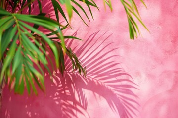 Tropical plant shadows on a pink wall