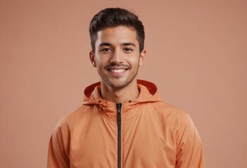 Obraz premium Young man in an orange jacket with a friendly smile. His casual look is set against a peach background.