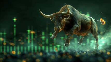 Obraz premium Market Momentum: The Bull's Fiery Leap Over Luminous Economic Peaks