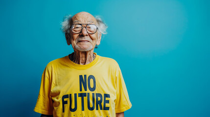 personne âgée qui porte un T-shirt jaune avec le texte "NO FUTURE" écrit en noir - fond uni bleu