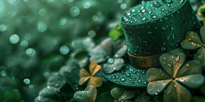 Saint-Patrick's day themed background, predominant green and with a hat and four-leaf clovers, AI-Generated illustration