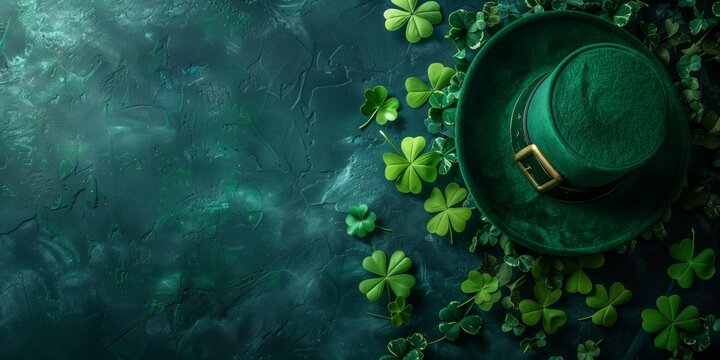 Saint-Patrick's day themed background, predominant green and with a hat and four-leaf clovers, AI-Generated illustration