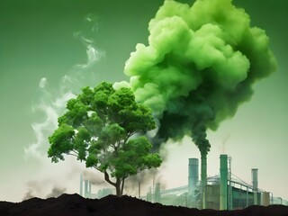 Green tree growing environmental problem alert with Chemical plant smoke background