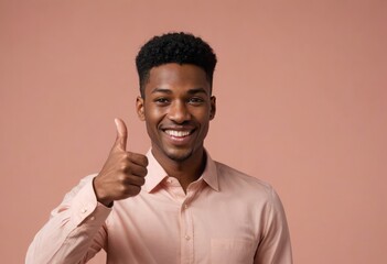 A friendly man in a peach shirt gives a thumbs up, his welcoming smile sets a positive tone.