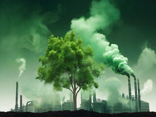 Green tree growing environmental problem alert with Chemical plant smoke background