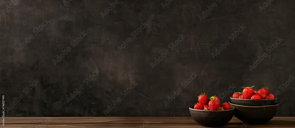 Poster a wooden table is adorned with a bowl filled with vibrant red strawberries. the dark wooden backgrou